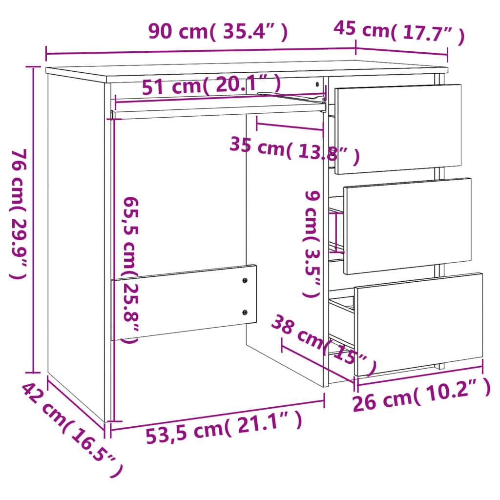 vidaXL rakstāmgalds, balts, 90x45x76 cm, inženierijas koks