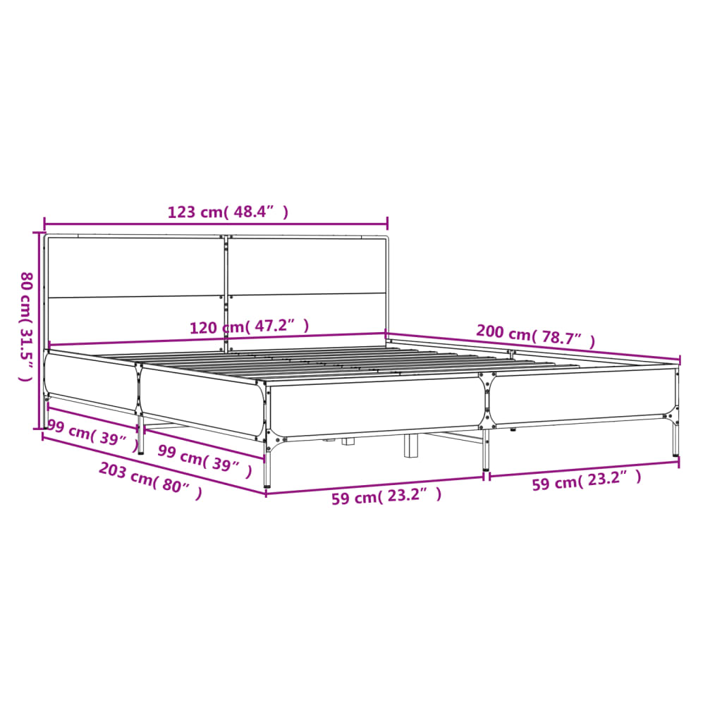 vidaXL gultas rāmis, brūna ozola, 120x200cm, inženierijas koks, metāls