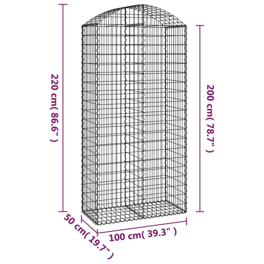 vidaXL arkveida gabiona grozs, 100x50x200/220 cm, cinkota dzelzs