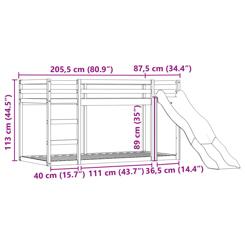 vidaXL augstā gulta ar aizkariem un slidkalniņu zils 80x200 cm priede