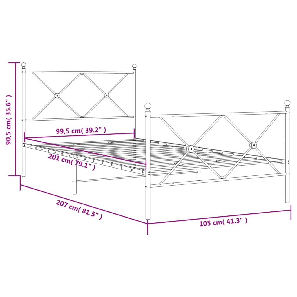 vidaXL gultas rāmis ar galvgali un kājgali, balts metāls, 100x200 cm