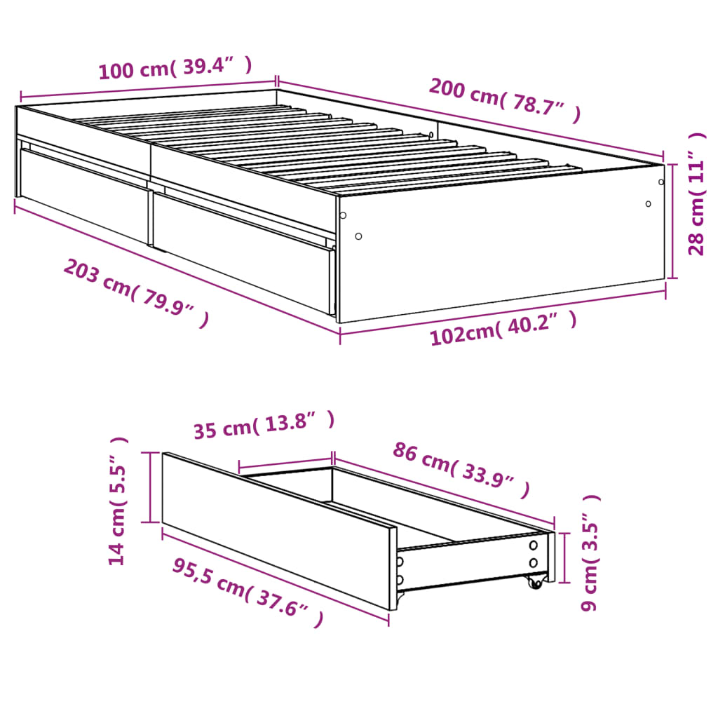 vidaXL gultas rāmis ar atvilktnēm, pelēka ozola, 100x200 cm