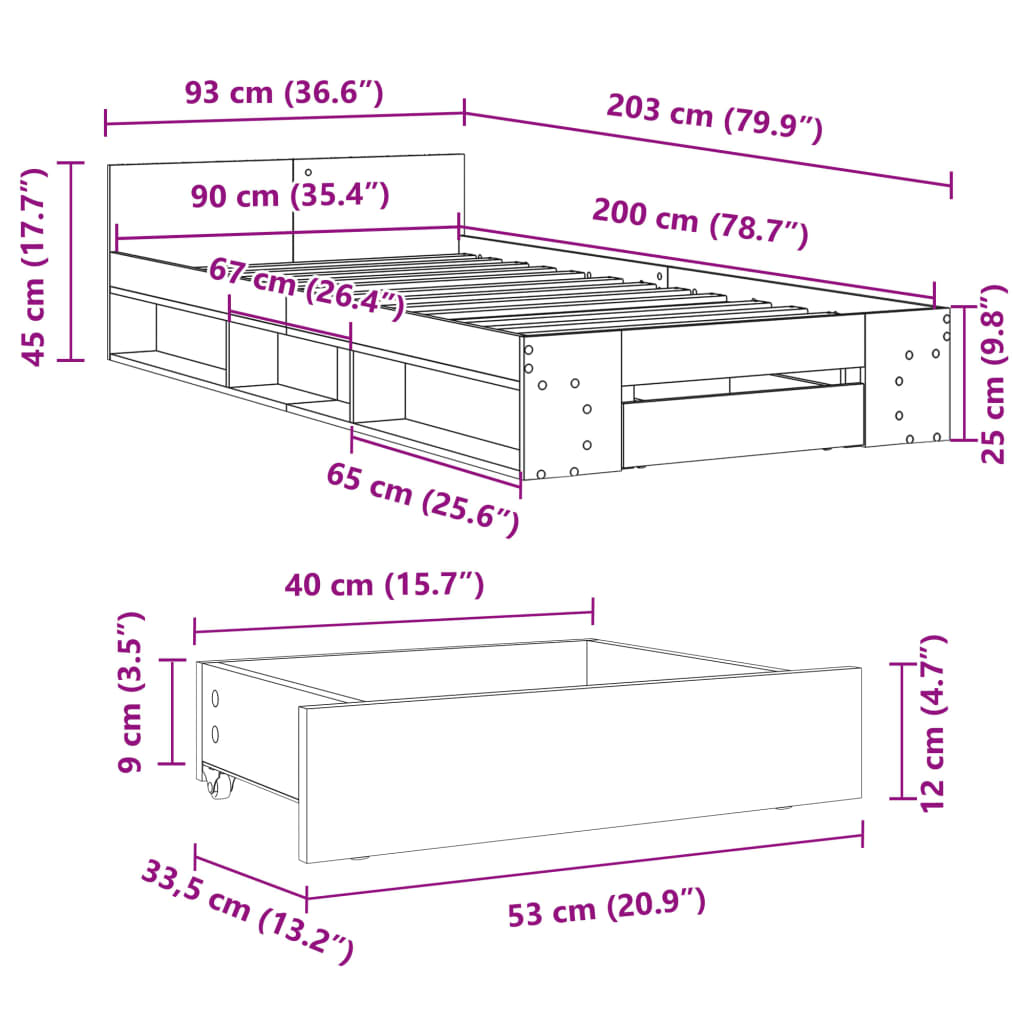 vidaXL gultas rāmis ar atvilktni, ozola, 90x200 cm, inženierijas koks