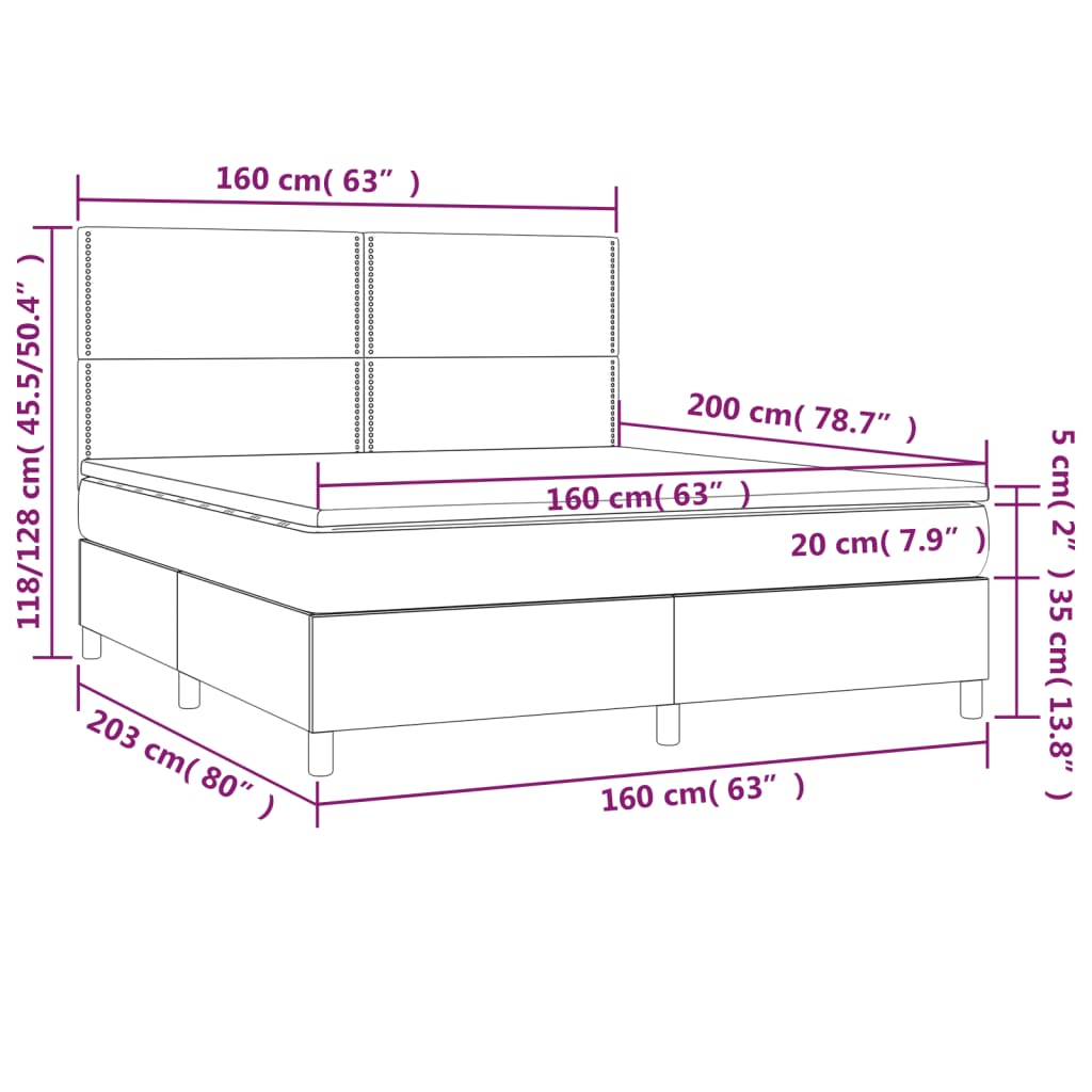 vidaXL atsperu gulta ar matraci, LED, tumši zils samts, 160x200 cm