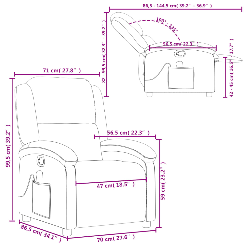 vidaXL masāžas krēsls, atgāžams, krēmkrāsas dabīgā āda