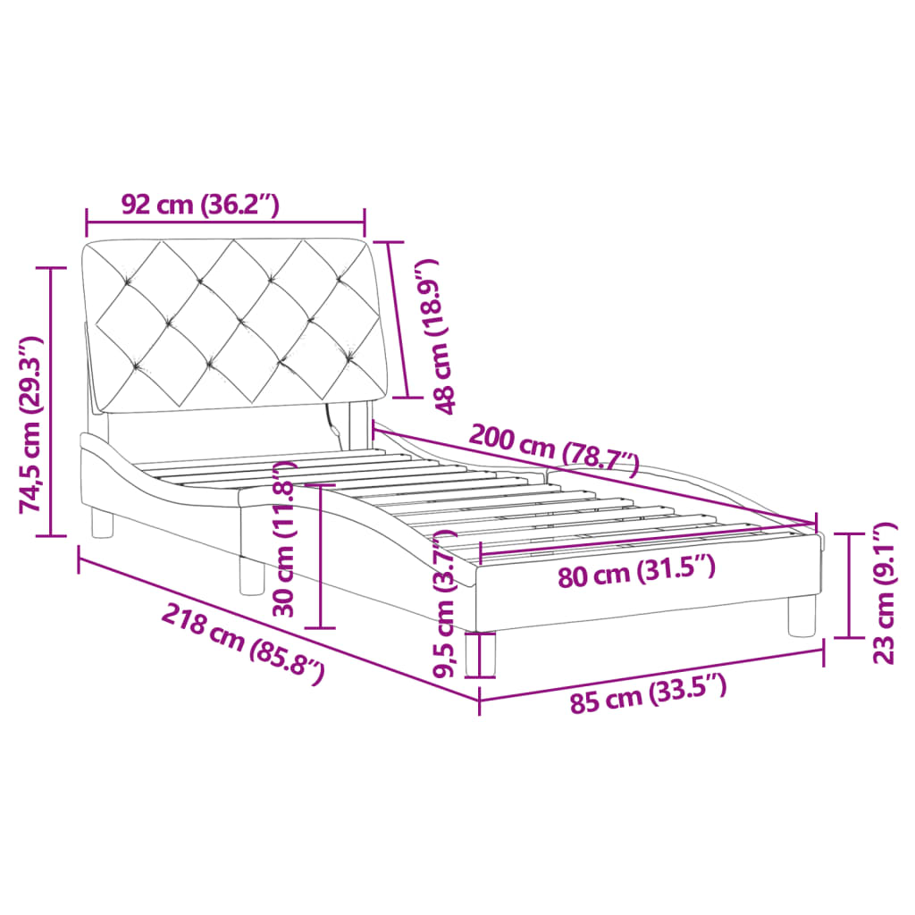 vidaXL gultas rāmis ar LED, melns samts, 80x200 cm