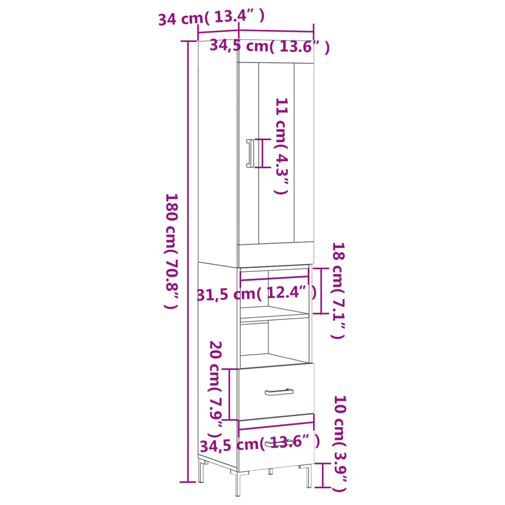 vidaXL augstais skapītis, ozolkoka, 34,5x34x180 cm, inženierijas koks