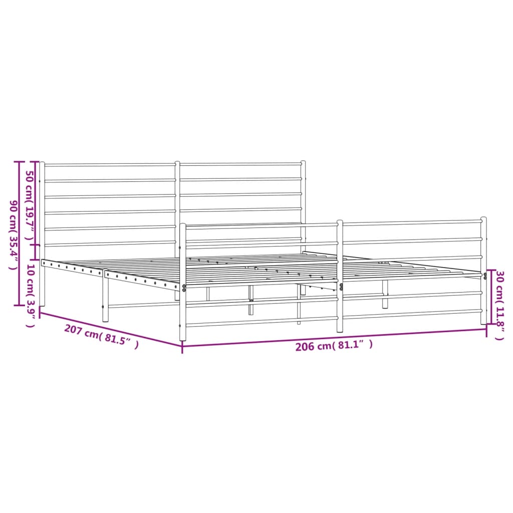 vidaXL gultas rāmis ar galvgali un kājgali, balts metāls, 200x200 cm