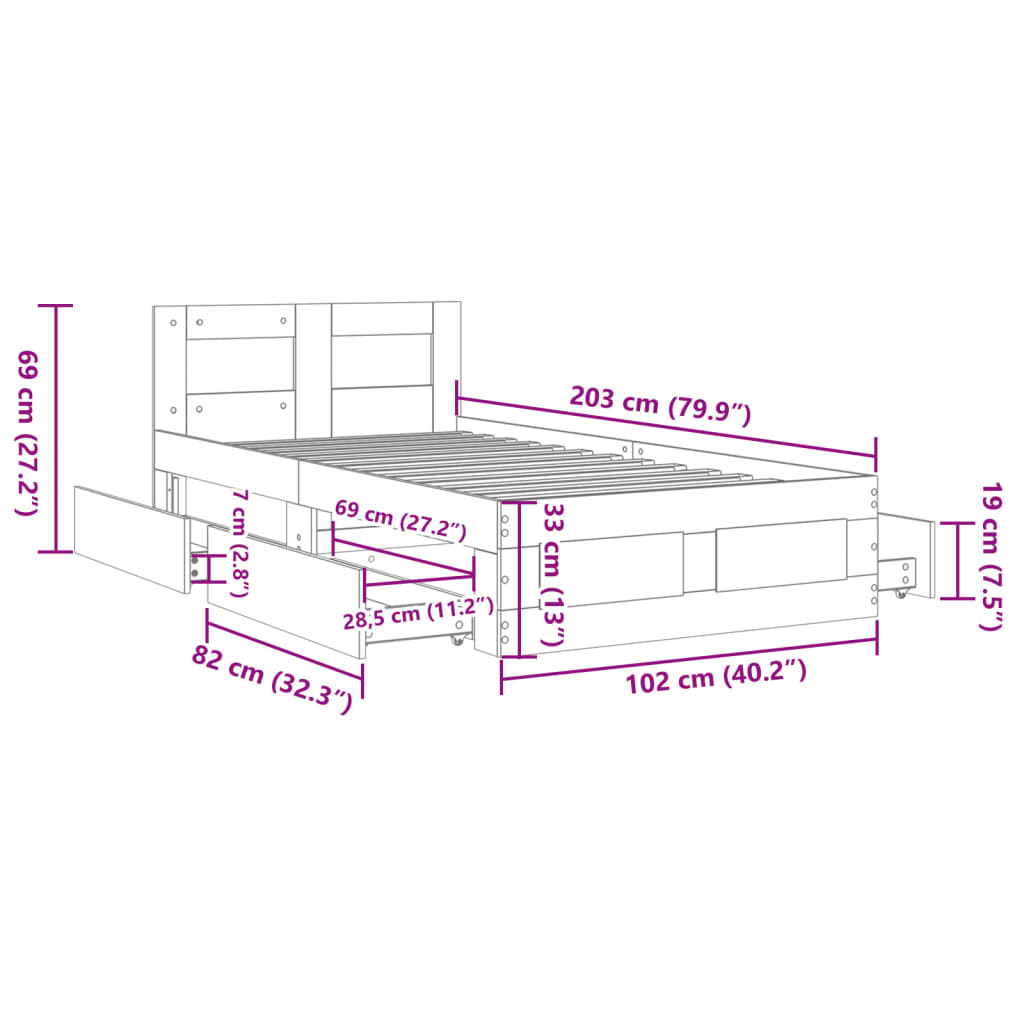 vidaXL gultas rāmis ar galvgali, pelēka ozola, 100x200 cm