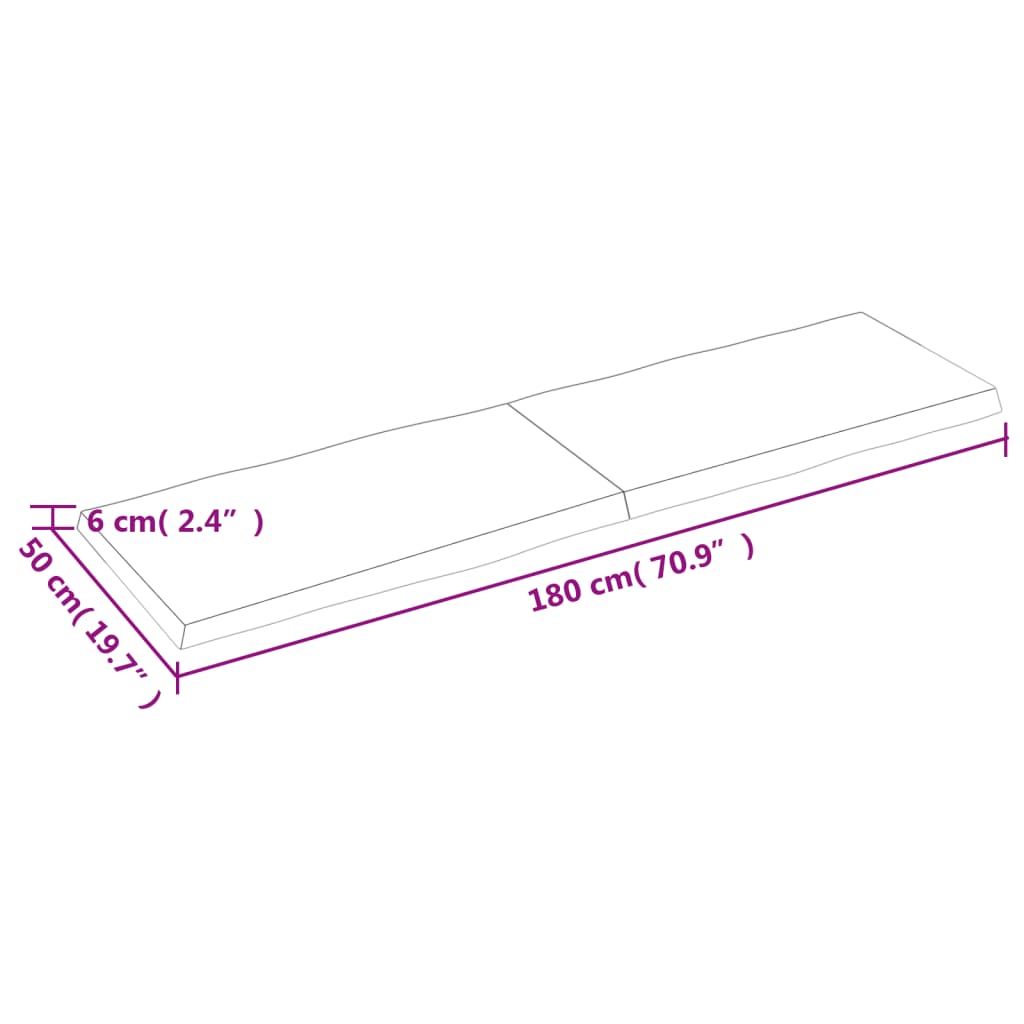 vidaXL galda virsma, 180x50x(2-6) cm, neapstrādāts ozola masīvkoks