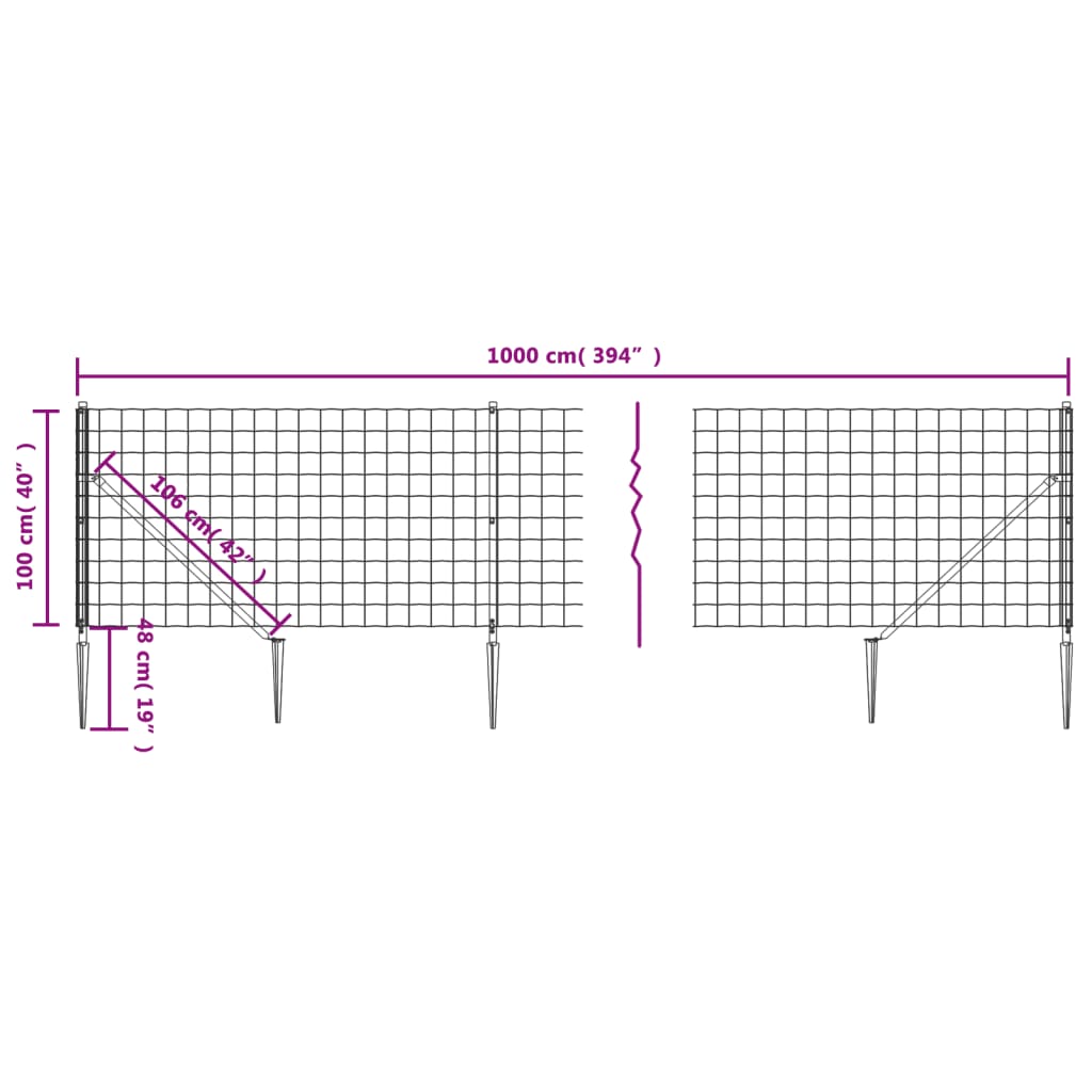 vidaXL stiepļu žogs ar zemes mietiņiem, antracītpelēks, 1x10 m