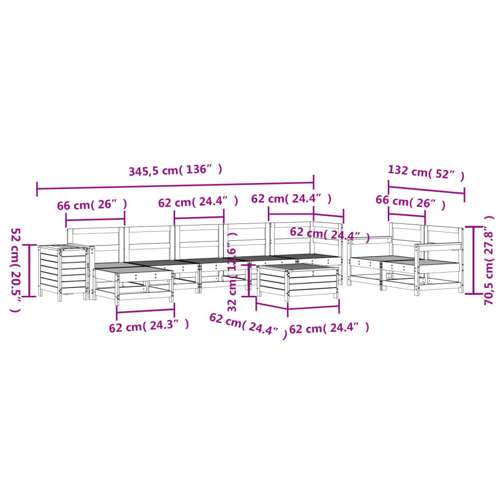 vidaXL 10-daļīgs dārza dīvānu komplekts, balts priedes masīvkoks