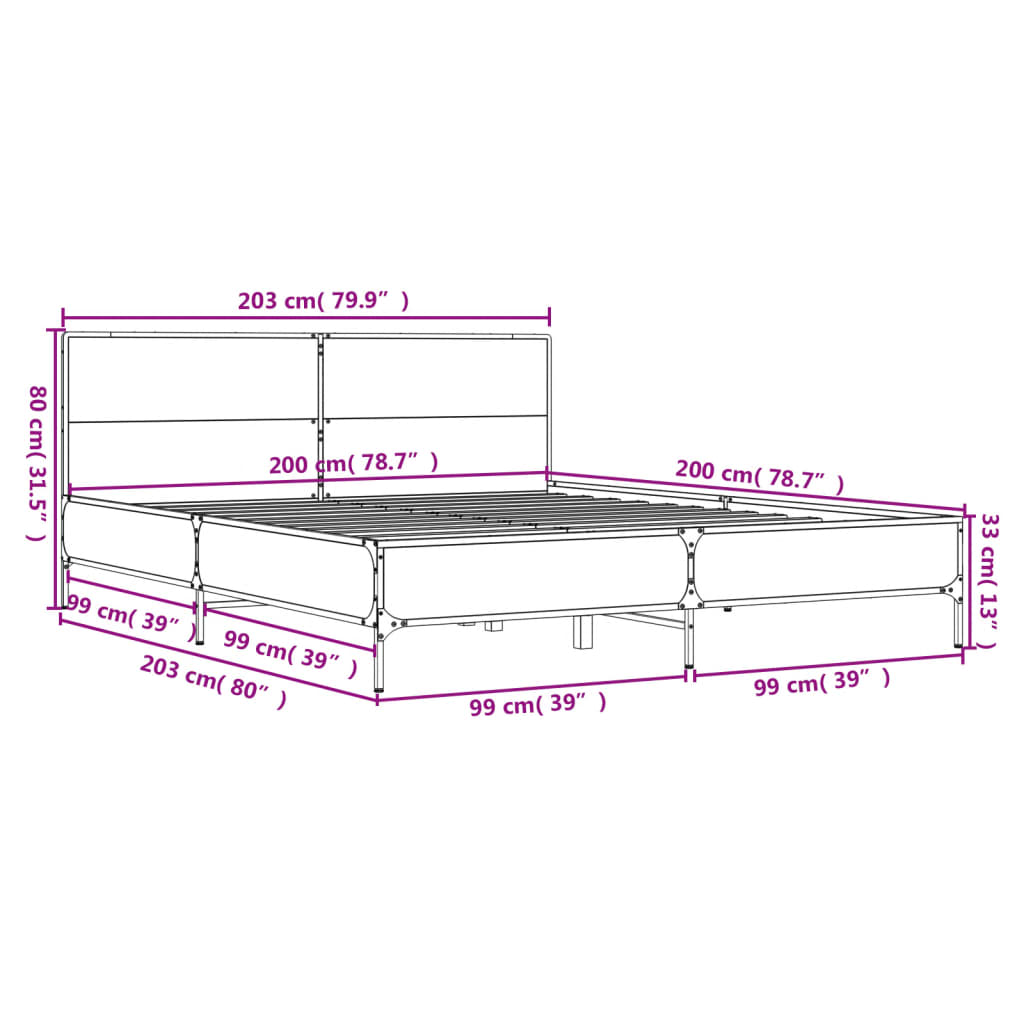 vidaXL gultas rāmis, ozola krāsā, 200x200cm, inženierijas koks, metāls