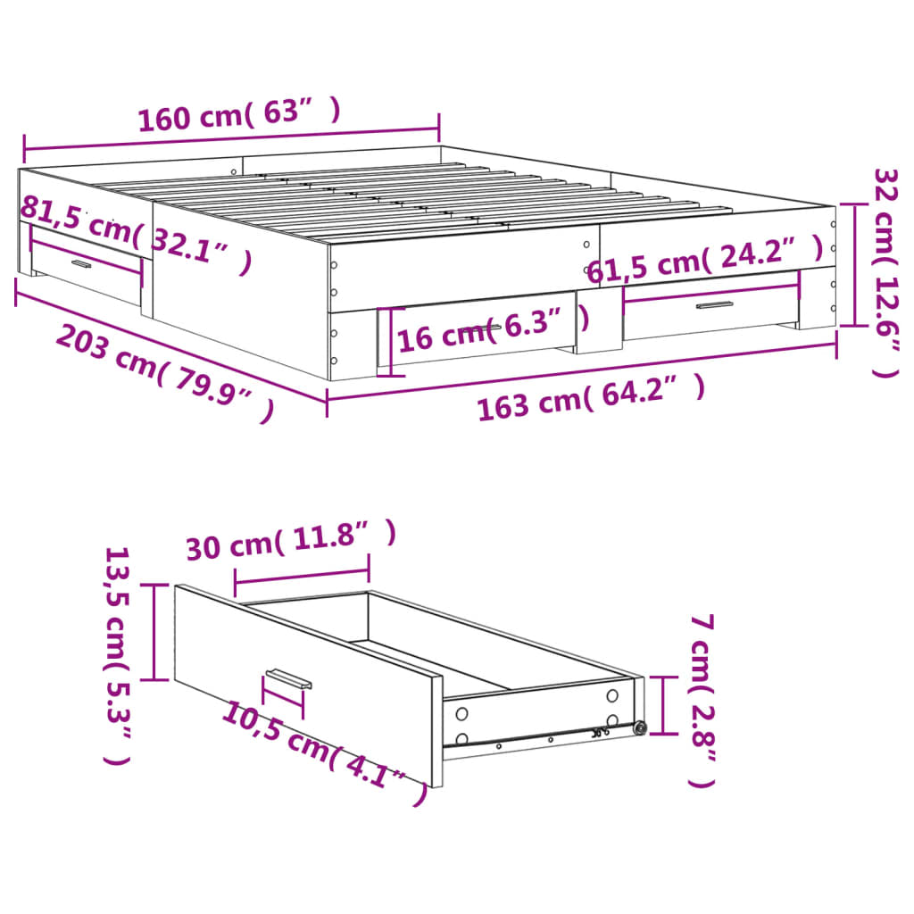 vidaXL gultas rāmis ar atvilktnēm, ozola, 160x200cm, inženierijas koks