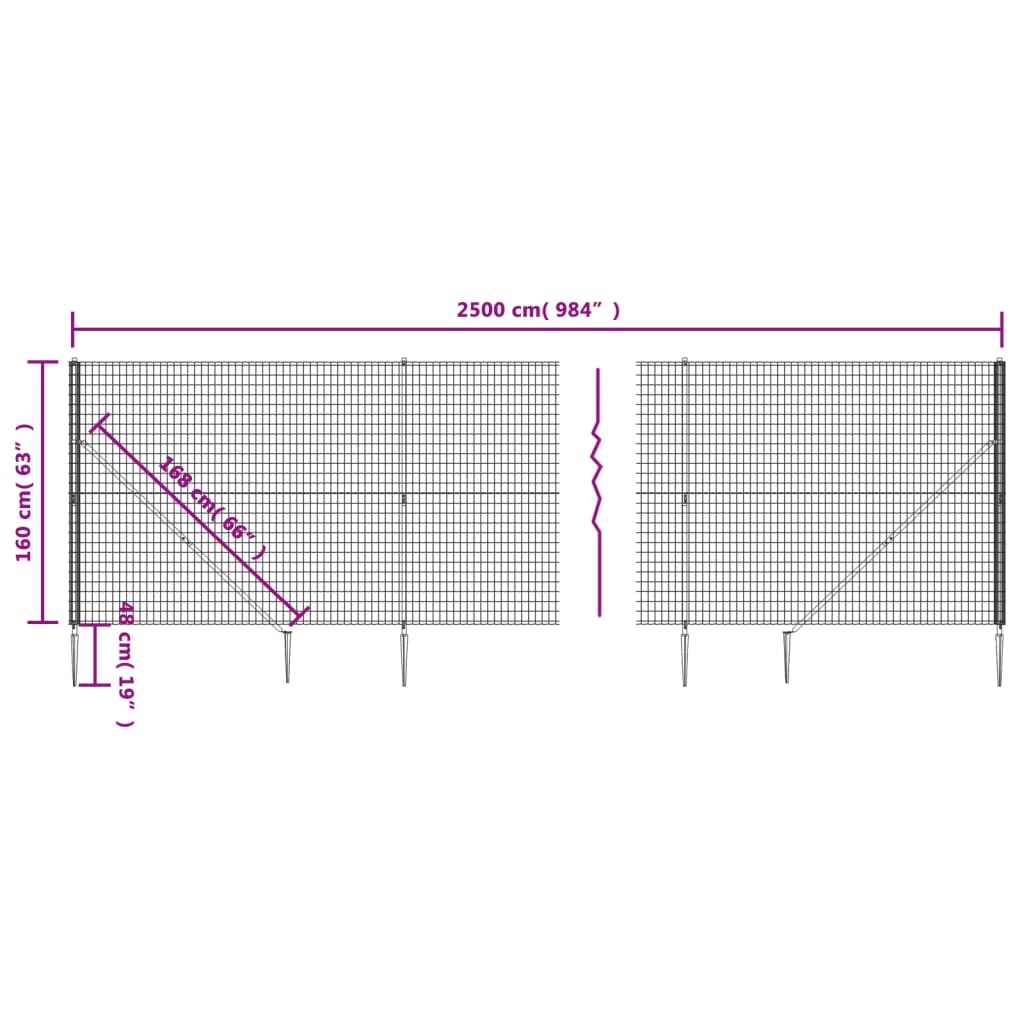 vidaXL stiepļu žogs ar zemes mietiņiem, antracītpelēks, 1,6x25 m