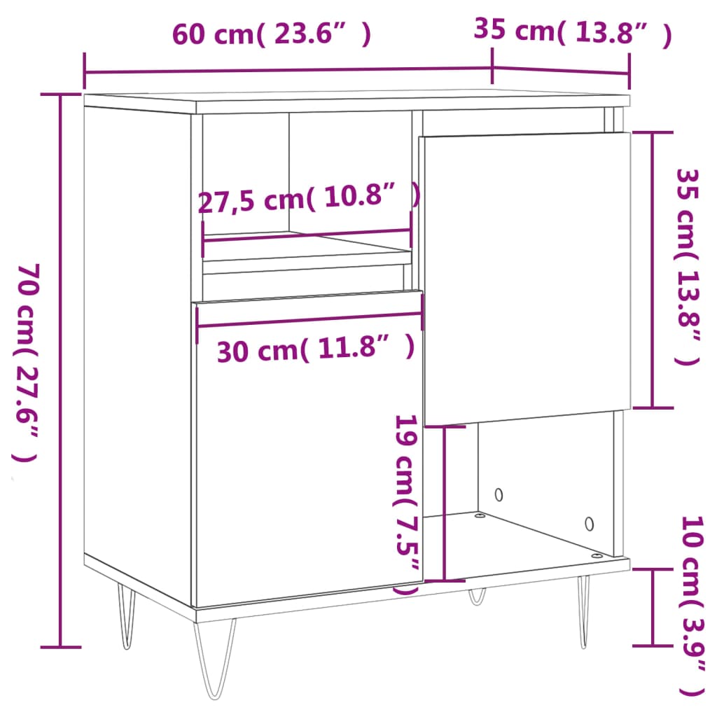 vidaXL kumode, pelēka ozolkoka, 60x35x70 cm, inženierijas koks