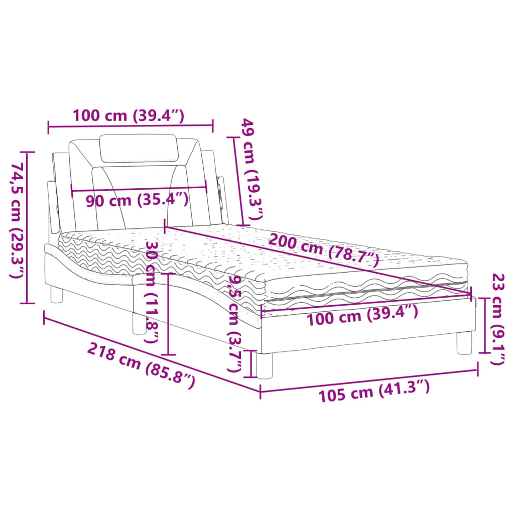 vidaXL gulta ar matraci, pelēka, 100x200 cm, mākslīgā āda