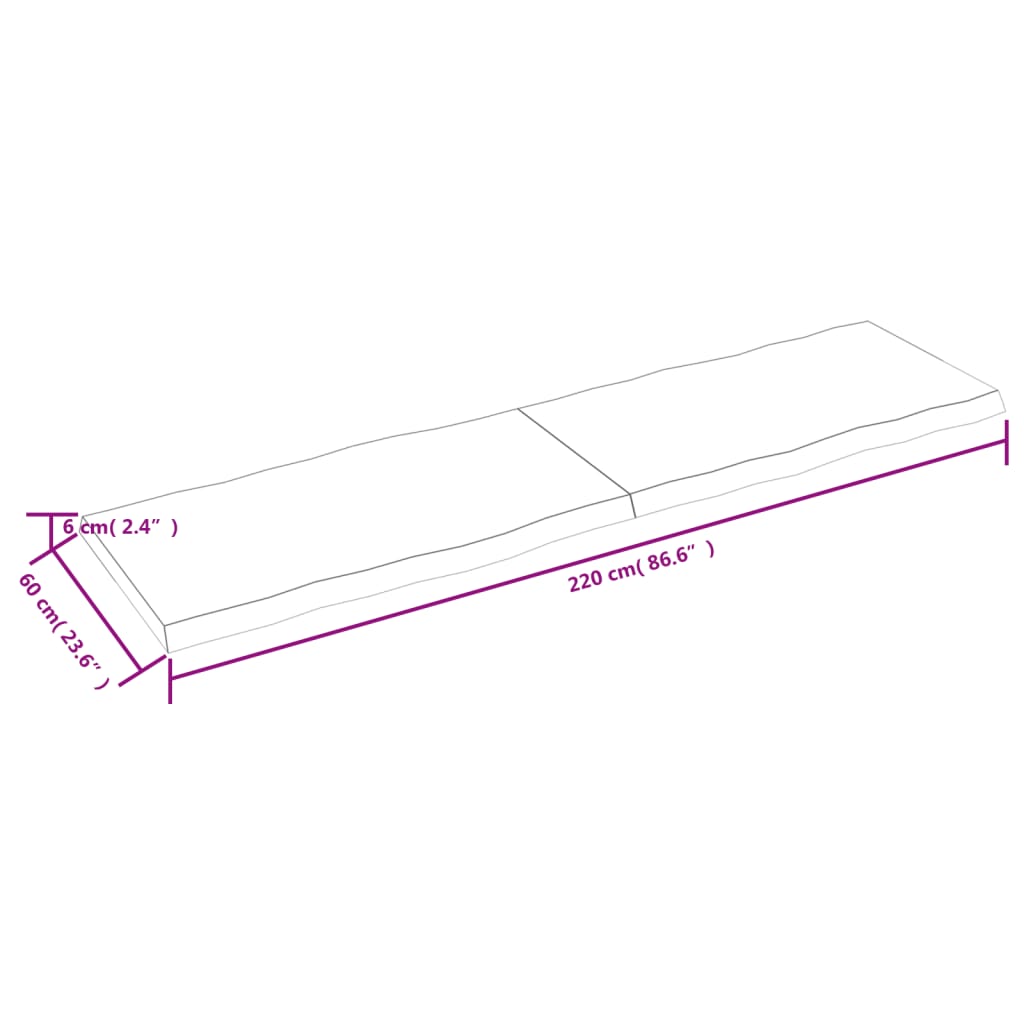 vidaXL galda virsma, gaiši brūna, 220x60x(2-6)cm, ozola masīvkoks