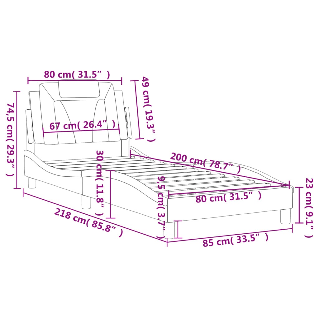 vidaXL gultas rāmis ar galvgali, melns, balts, 80x200 cm, mākslīgā āda