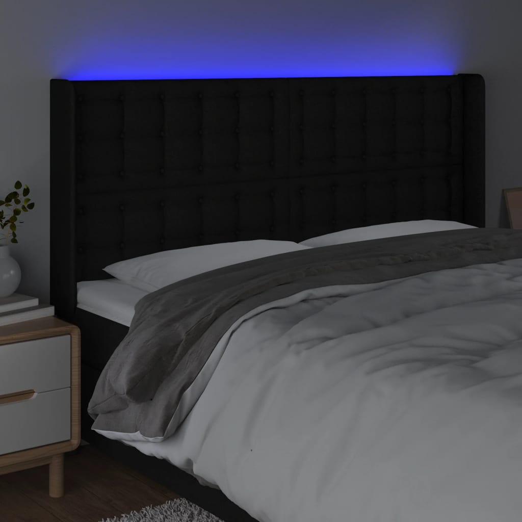 vidaXL gultas galvgalis ar LED, 183x16x118/128 cm, melns audums