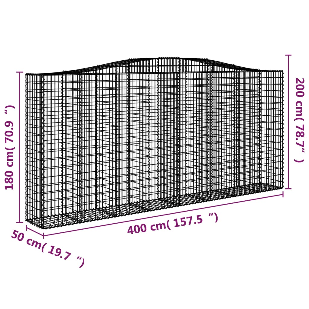 vidaXL arkveida gabiona grozs, 400x50x180/200 cm, cinkota dzelzs