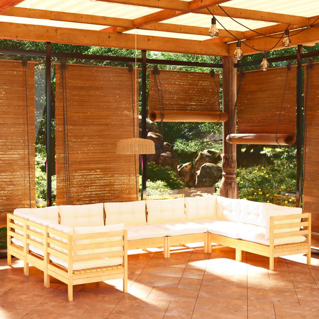 vidaXL 9-daļīgs dārza mēbeļu komplekts ar krēmkrāsas matračiem, priede