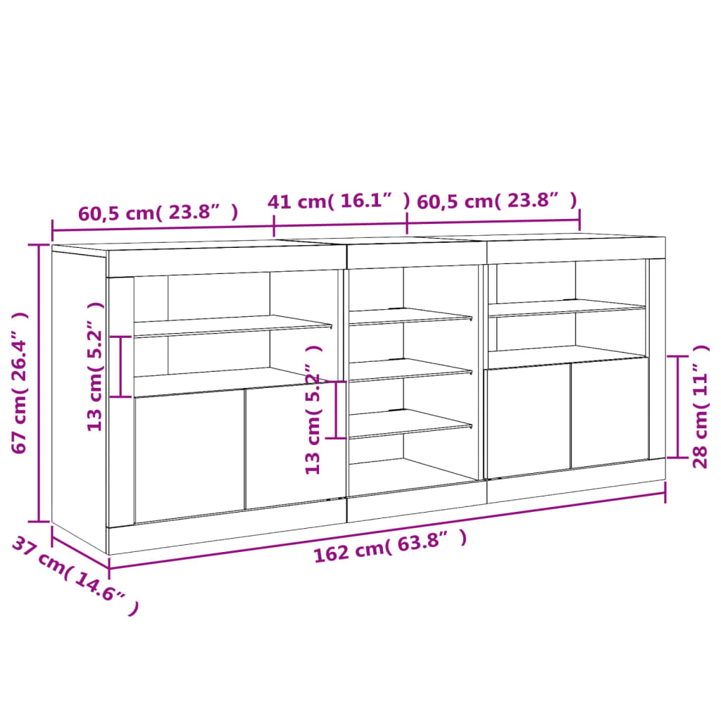 vidaXL kumode ar LED lampiņām, 162x37x67 cm, balta