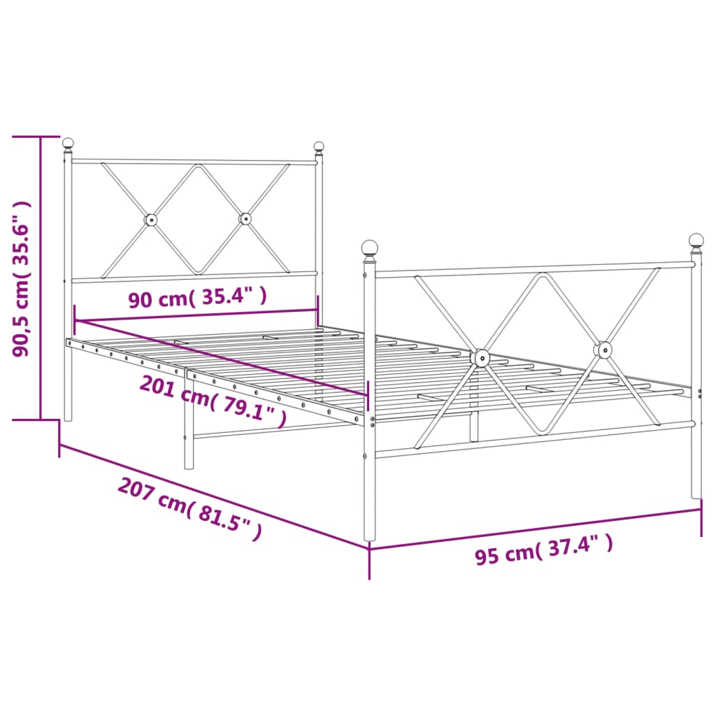 vidaXL gultas rāmis ar galvgali un kājgali, balts metāls, 90x200 cm