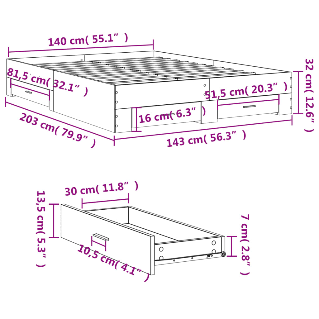 vidaXL gultas rāmis ar atvilktnēm, ozola, 140x200cm, inženierijas koks