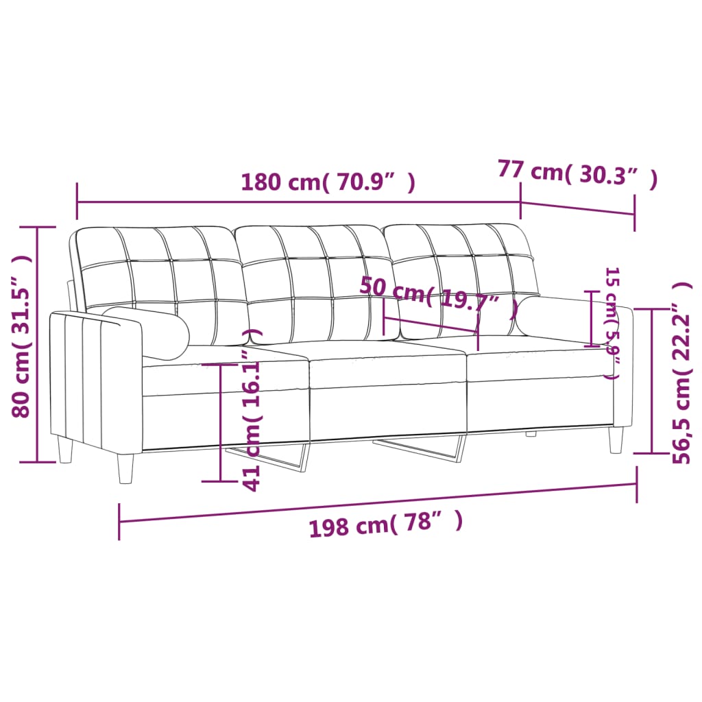 vidaXL trīsvietīgs dīvāns ar spilveniem, vīnsarkans, 180 cm, audums