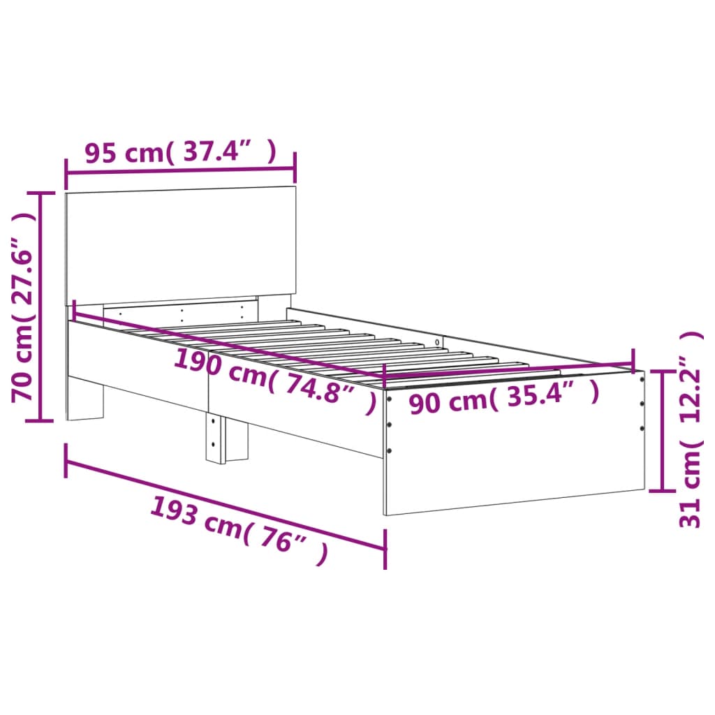 vidaXL gultas rāmis ar galvgali un LED, pelēka ozola, 90x190 cm