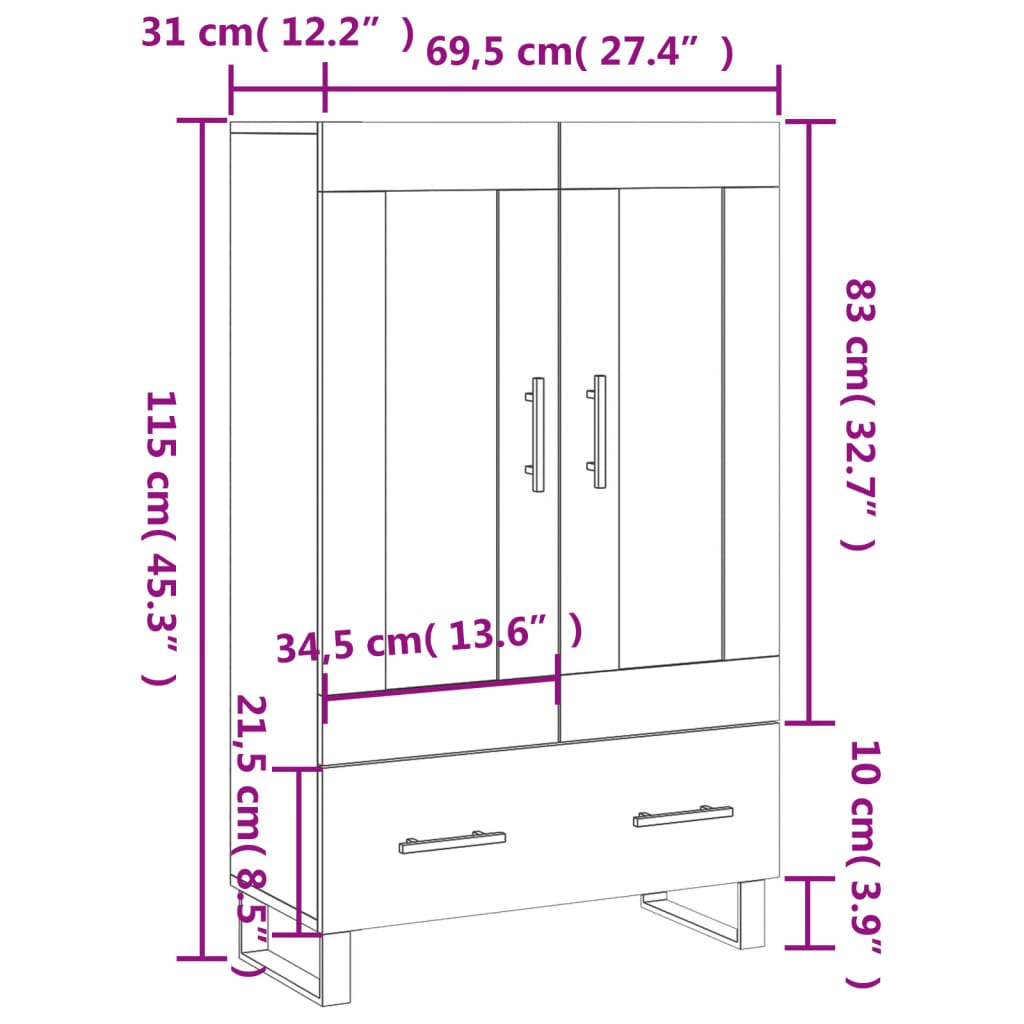 vidaXL augstais skapītis, ozolkoka, 69,5x31x115 cm, inženierijas koks