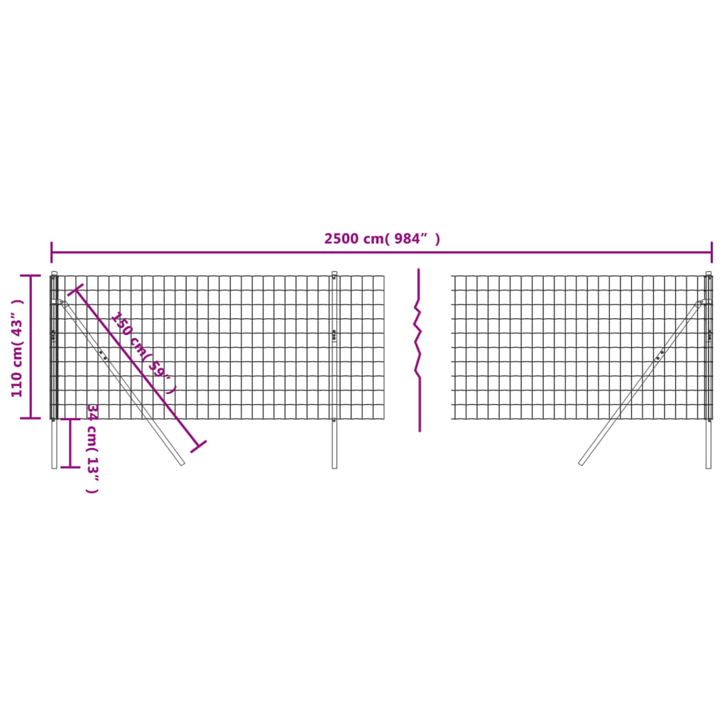 vidaXL stiepļu žogs, pelēks, 1,1x25 m, cinkots tērauds