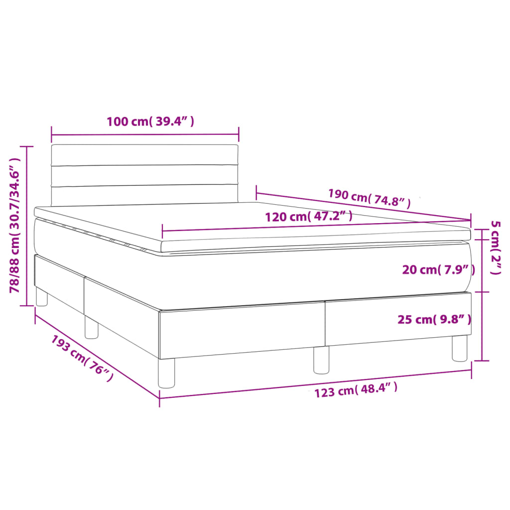 vidaXL atsperu gulta ar matraci, melns audums, 120x190 cm