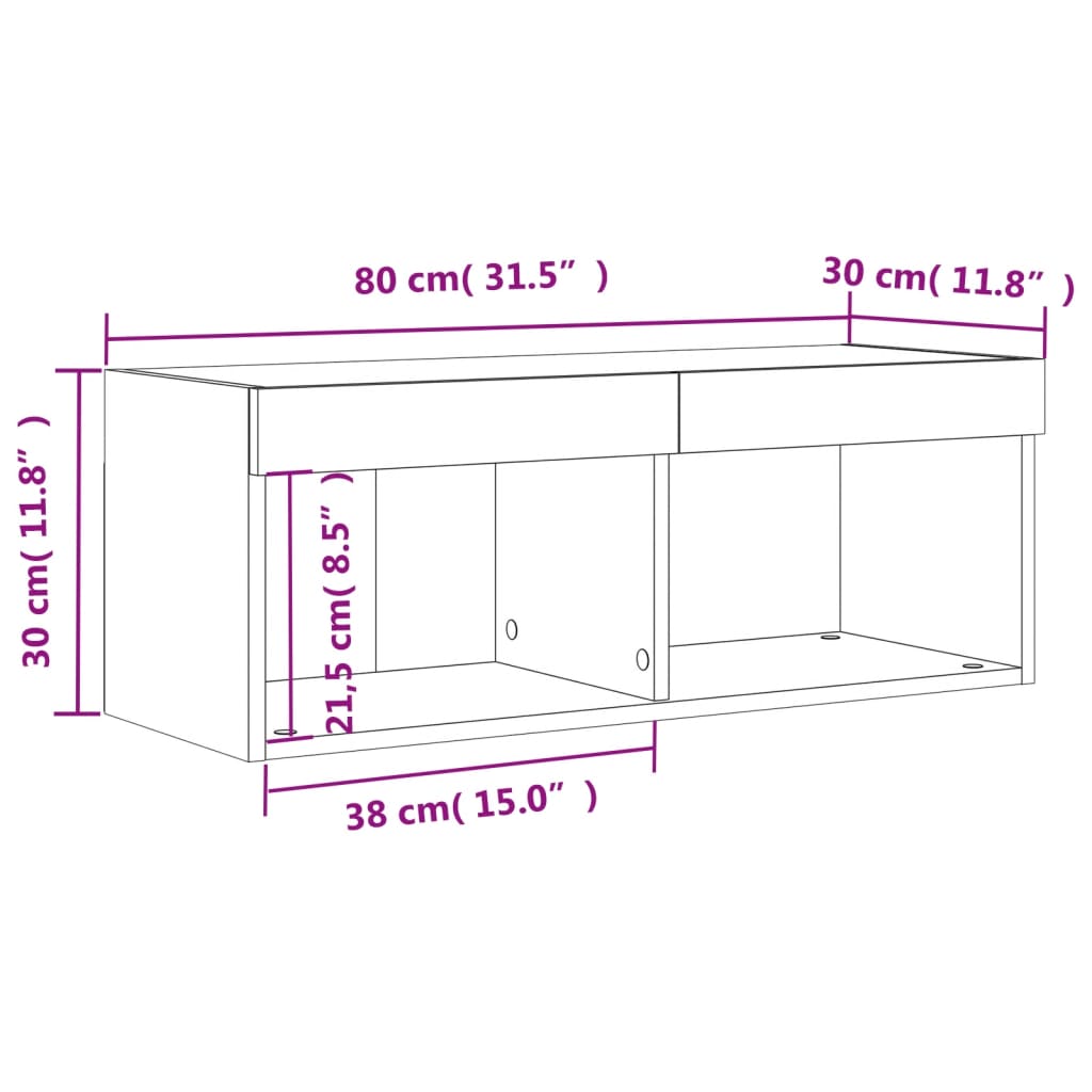 vidaXL TV skapītis ar LED lampiņām, betona pelēki, 80x30x30 cm