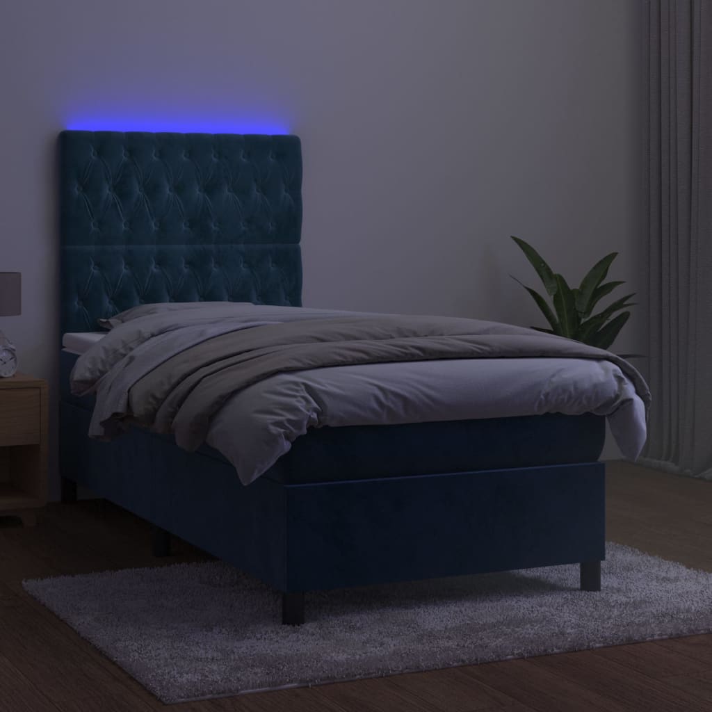 vidaXL atsperu gulta ar matraci, LED, tumši zils samts, 100x200 cm