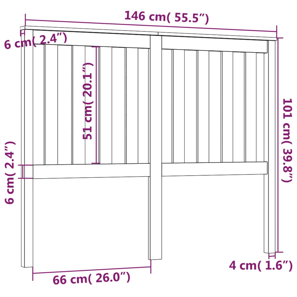 vidaXL gultas galvgalis, melns, 146x6x101 cm, priedes masīvkoks