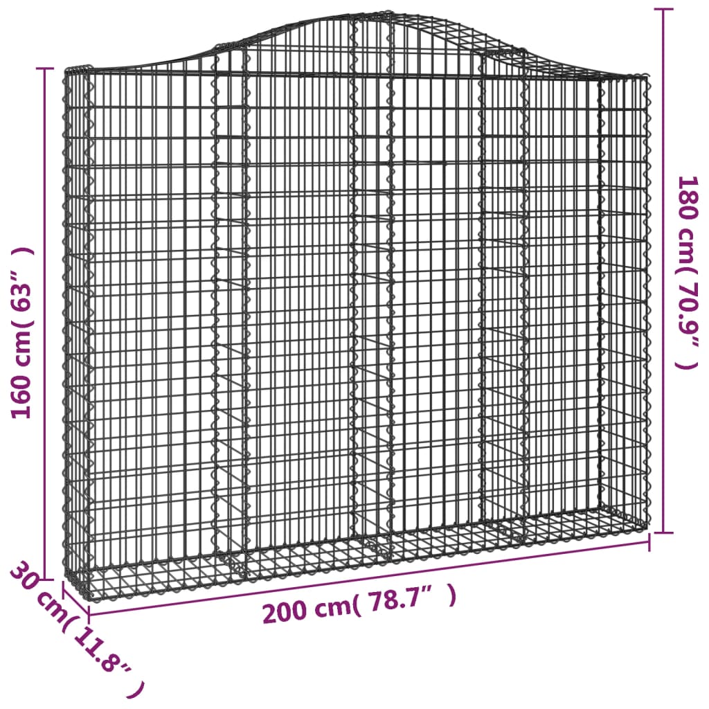 vidaXL arkveida gabiona grozi, 8 gb., 200x30x160/180cm, cinkota dzelzs