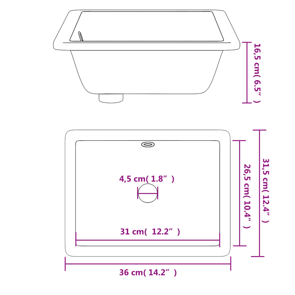 vidaXL vannasistabas izlietne, balta, 36x31,5x16,5 cm, taisnstūra