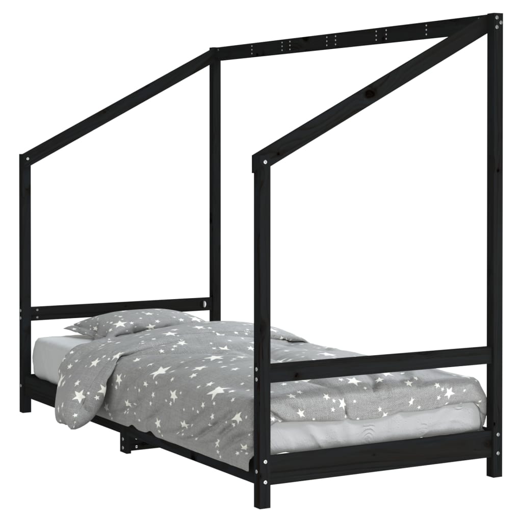 vidaXL bērnu gultas rāmis, melns, 90x190 cm, priedes masīvkoks