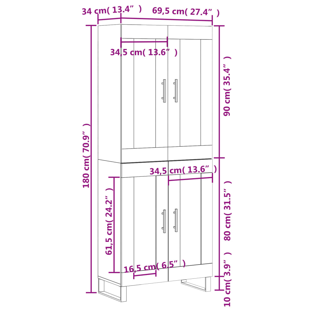 vidaXL augstais skapis, pelēks, 69,5x34x180 cm, inženierijas koks