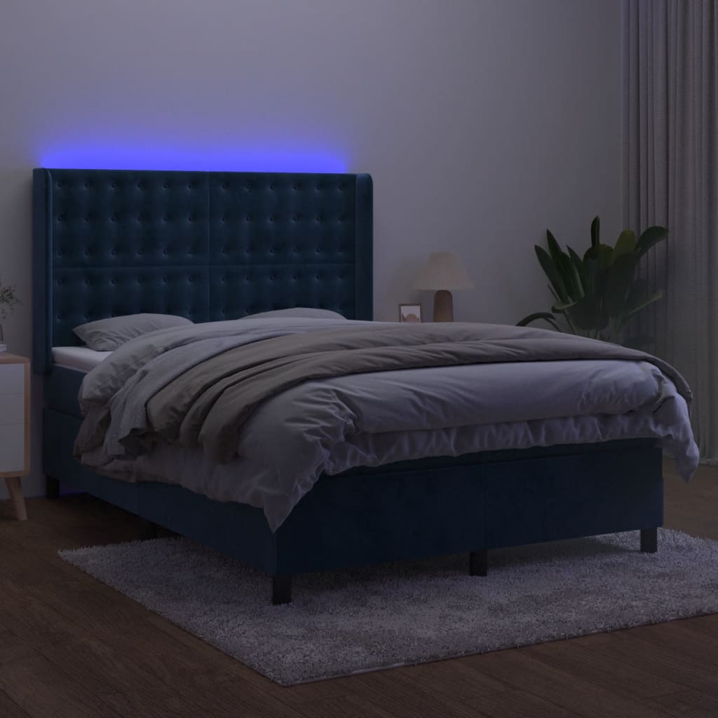 vidaXL atsperu gulta ar matraci, LED, tumši zils samts, 140x190 cm