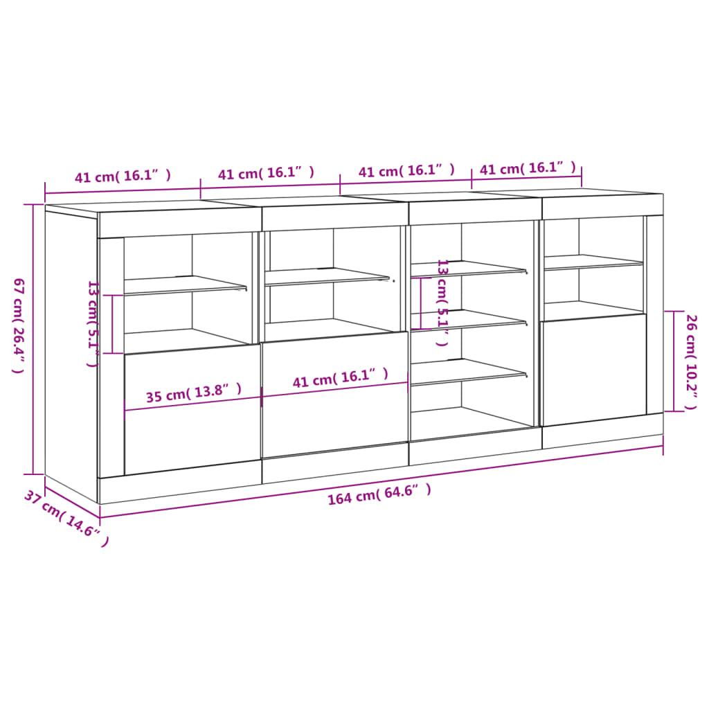 vidaXL kumode ar LED lampiņām, 164x37x67 cm, balta