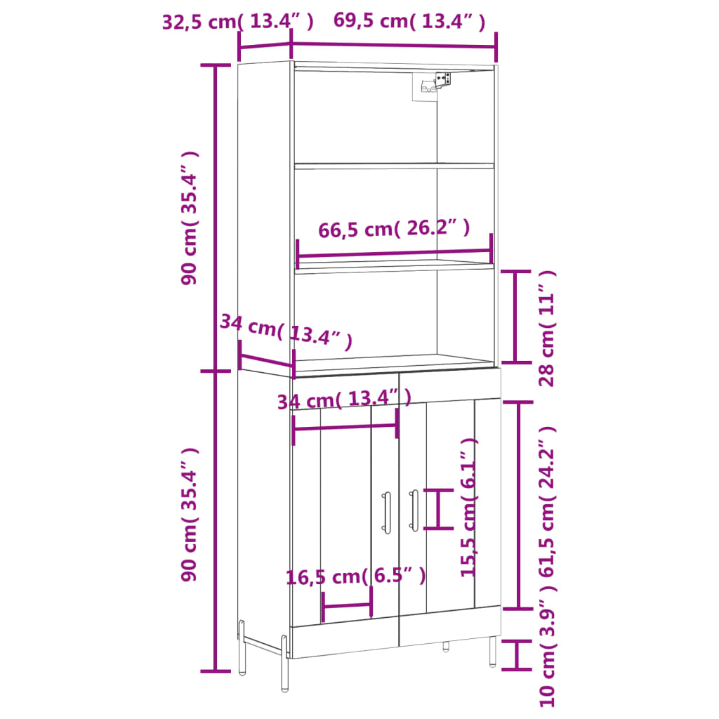 vidaXL augstais skapis, ozolkoka, 69,5x34x180 cm, inženierijas koks