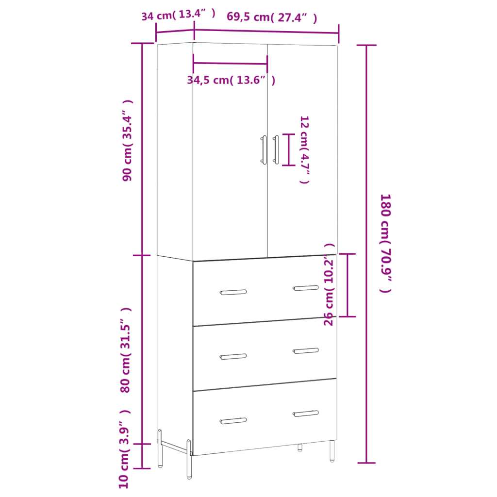 vidaXL augstais skapis, balts, 69,5x34x180 cm, inženierijas koks