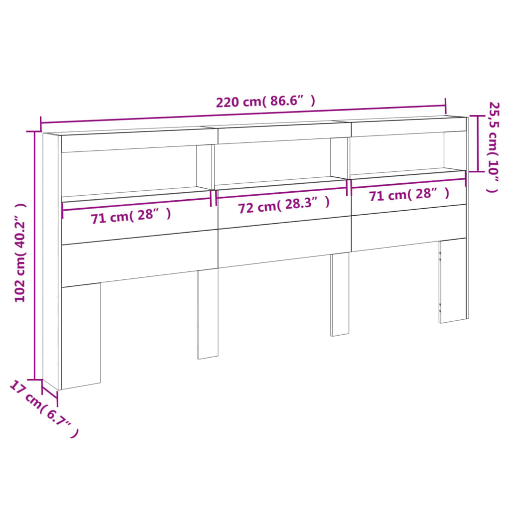 vidaXL galvgaļa skapis ar LED, betona pelēks, 220x17x102 cm