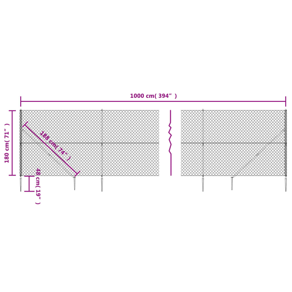 vidaXL stiepļu žogs ar zemes mietiņiem, sudraba krāsā, 1,8x10 m