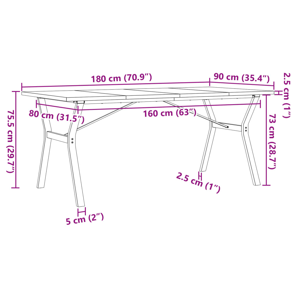 vidaXL virtuves galds, Y-rāmis, 180x90x75,5 cm, priedes koks, čuguns