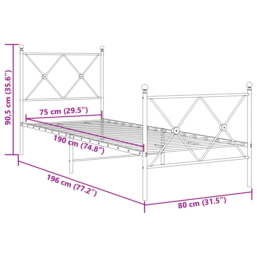 vidaXL gultas rāmis ar galvgali un kājgali, balts metāls, 75x190 cm