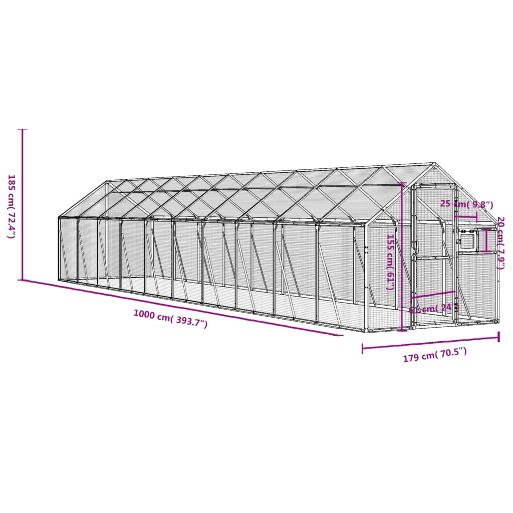 vidaXL putnu māja, sudraba krāsa, 1,79x10x1,85 m, alumīnijs